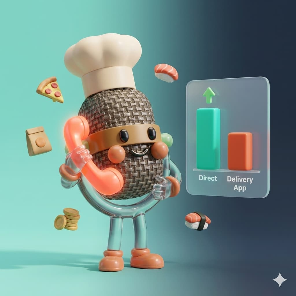 3D illustration of the TastyVox chef-microphone mascot holding a restaurant phone, with a bar chart showing taller direct-order profit (teal) versus shorter delivery-app profit (orange) — visualizing the margin gap between marketplace orders and direct phone orders.