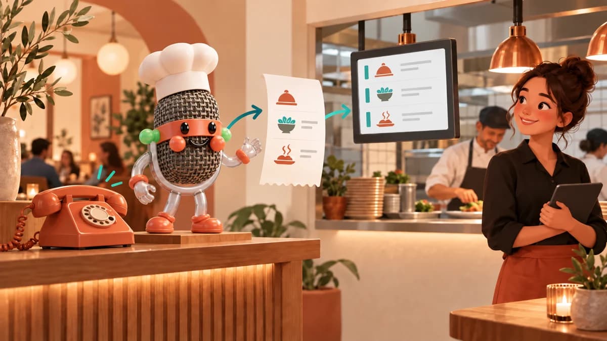 TastyVox's silver microphone-chef mascot beside a restaurant phone, guiding an order ticket toward the kitchen while a host serves guests.