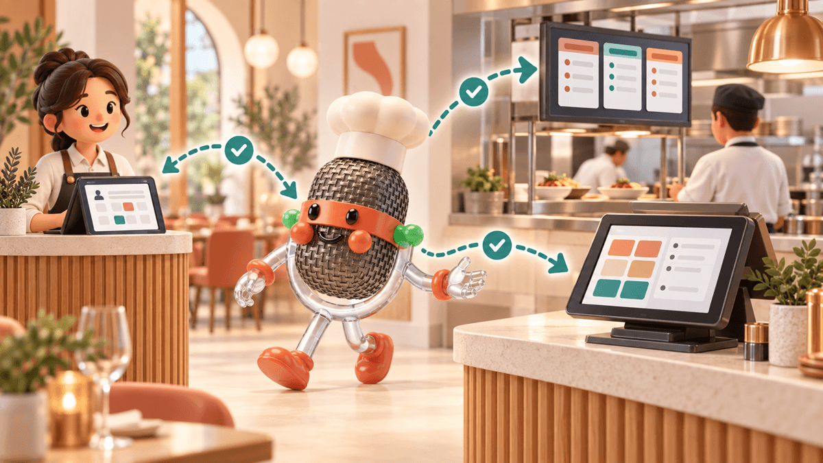 TastyVox microphone-chef mascot connecting a restaurant host tablet, point-of-sale terminal, and kitchen display through verified data paths.
