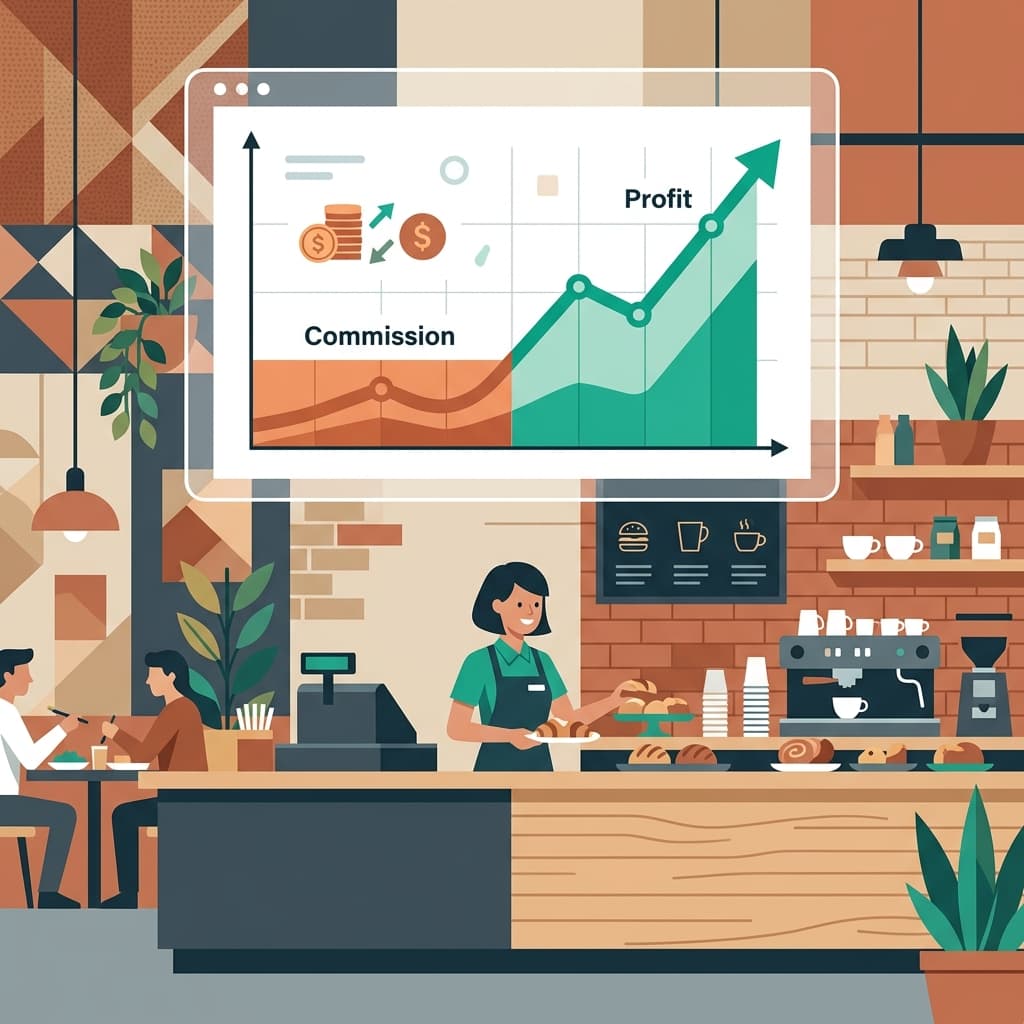 Flat vector illustration of a warm-toned restaurant counter with a chart contrasting delivery commission fees against teal direct-profit growth lines.