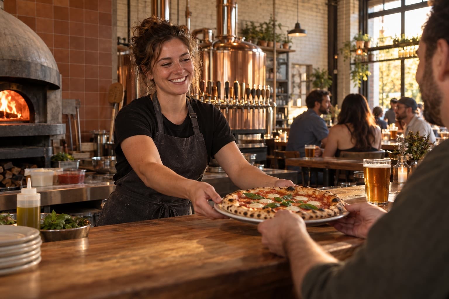 Illustrative restaurant kitchen with a cook passing a pizza to a guest