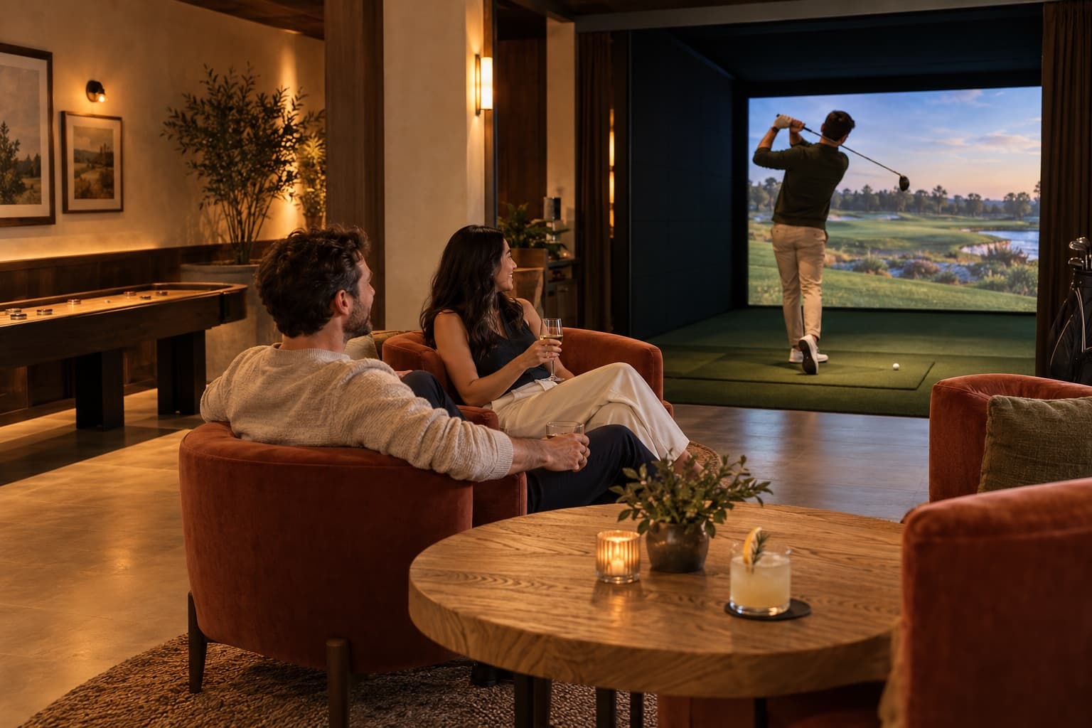 Illustrative multi-activity venue with a golf simulator, shuffleboard, and relaxed seating