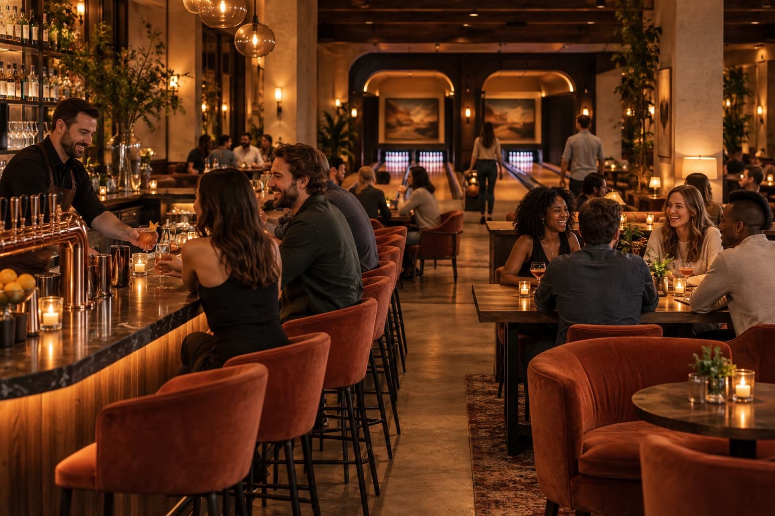 Illustrative warm bar with guests gathered at tables