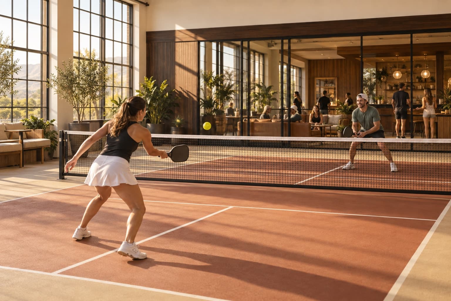Illustrative indoor sports facility with pickleball courts and social seating