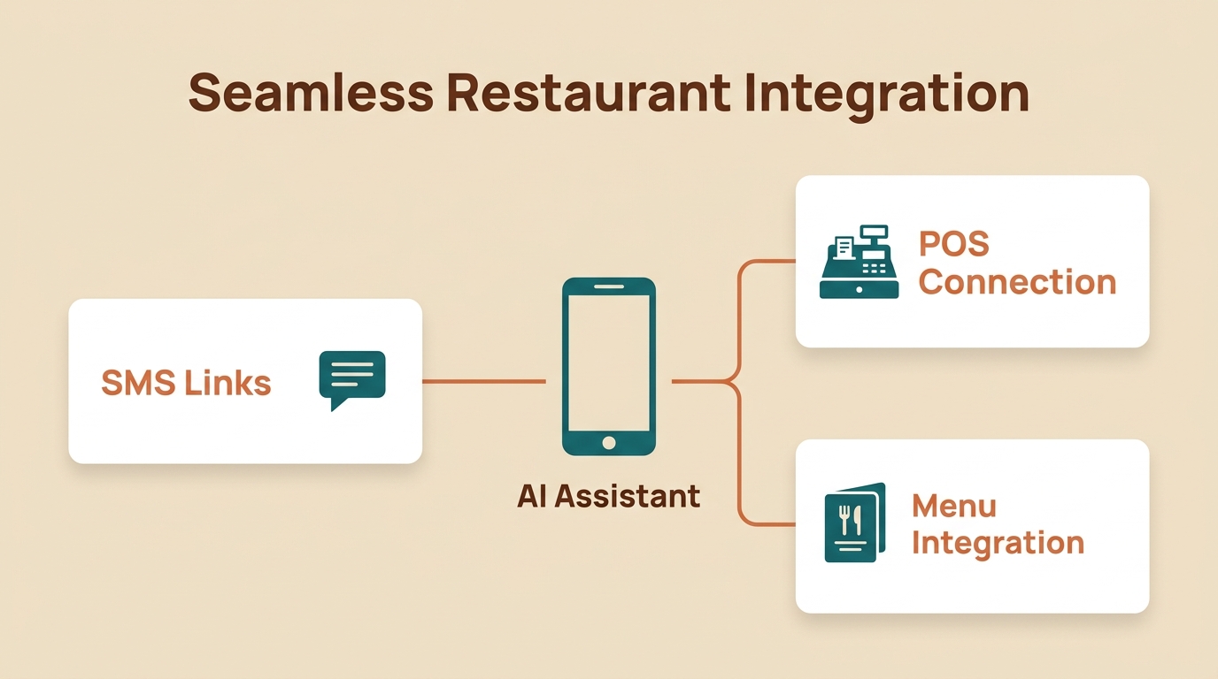 Workflow showing AI assistant on smartphone connected to SMS links, POS connection, and Menu integration