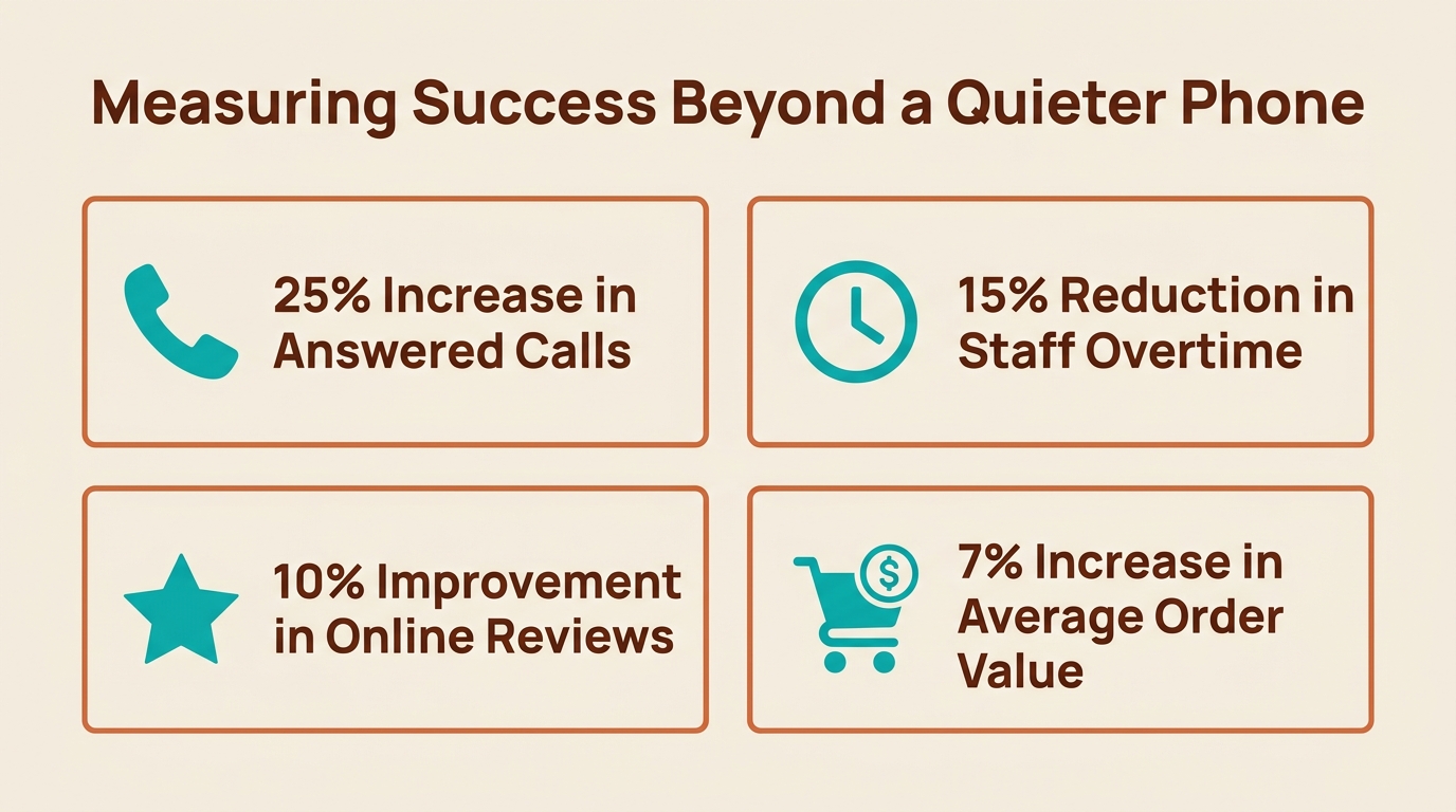 Measuring Success Beyond a Quieter Phone: 25% Increase in Answered Calls, 15% Reduction in Staff Overtime, 10% Improvement in Online Reviews, 7% Increase in Average Order Value
