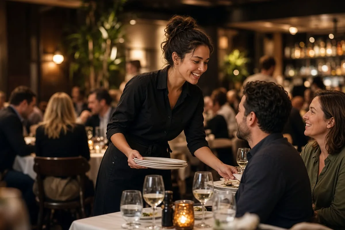 Server smiling while serving seated guests at a busy venue, with no phone or POS screen in frame
